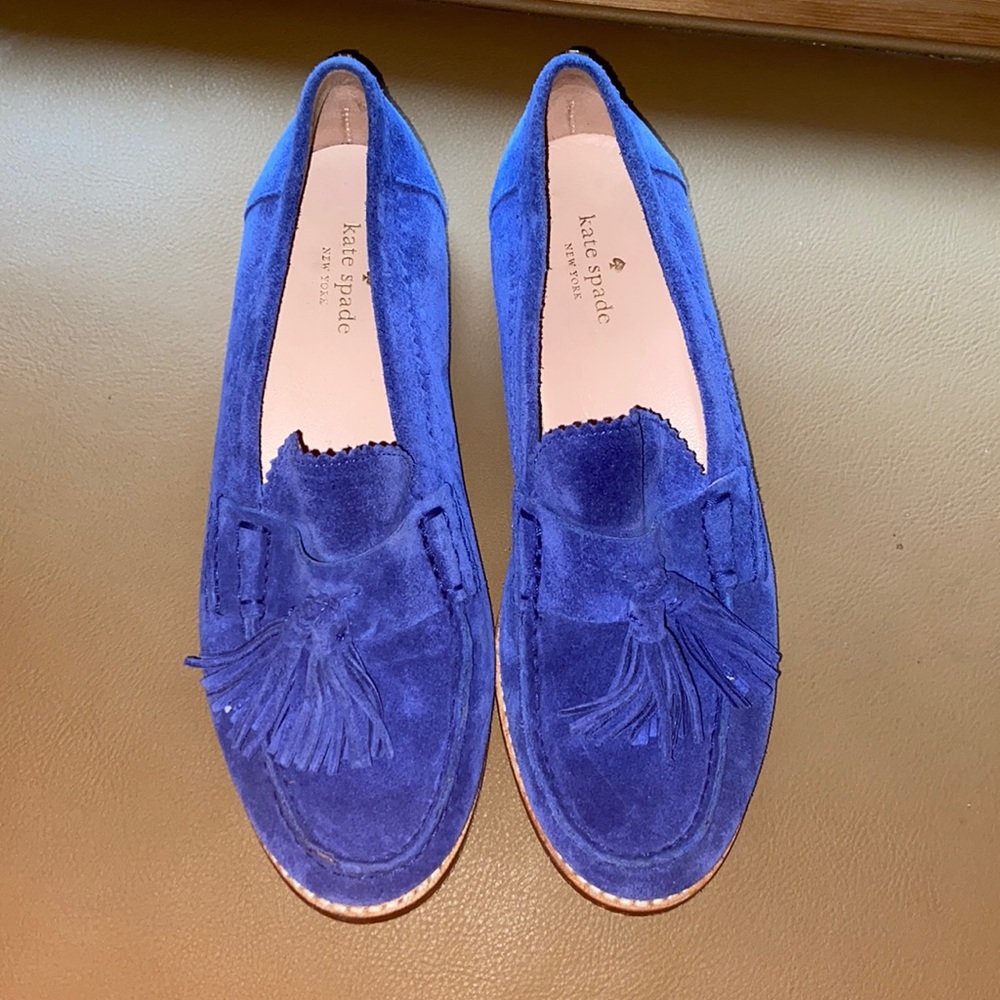Blue suede Kate Spade loafers